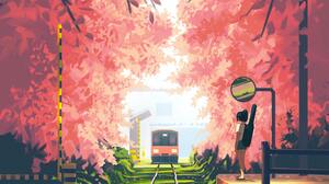 Bysau Digital Art Artwork Illustration Railway Waiting Trees Nature Train Grass Guitar Anime Girls 3000x3000 Wallpaper