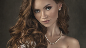 Aleksey Sologubov Women Brunette Long Hair Wavy Hair Blue Eyes Portrait Beads Necklace Bare Shoulder 3452x3500 wallpaper