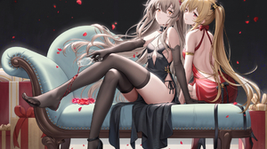 Anime Anime Girls Legs Crossed Heels Flowers Petals Wine Wine Glass Dress Long Hair Looking At Viewe 1830x1296 Wallpaper