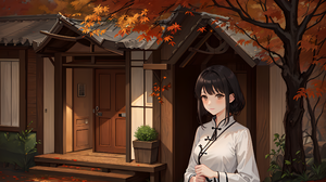 Ai Art Anime Girls Hanfu Maple Leaf House White Black Hair Leaves Looking Away 3840x2160 Wallpaper