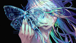 Original Characters Yuumei Black Background Multi Colored Eyes Butterfly Long Hair Gradient Hair Ani 2025x1350 wallpaper