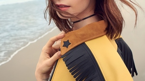 Lily Collins Women Actress Model Yellow Jacket Sea Beach Women Outdoors Choker Shoulder Length Hair  1000x1500 Wallpaper