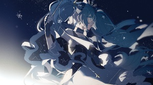 Anime Anime Girls Hatsune Miku Vocaloid Long Hair Looking Away Snowflakes Twintails Blue Hair Blue E 1600x1000 Wallpaper