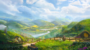 Artwork Digital Art River Nature Mountains The Shire The Lord Of The Rings Clouds Hobbits Sky Landsc 3334x2449 Wallpaper