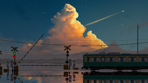 Yu Jing Illustration Clouds Train Lake Airplane Sky Reflection Stars Starred Sky Anime Sky Shooting  3840x2160 wallpaper