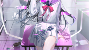 Pixiv Miwano Ragu Anime Anime Girls Portrait Display Sitting Schoolgirl School Uniform Bow Tie Looki 1350x1902 Wallpaper