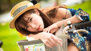 Asian Model Women Women Outdoors Dark Hair Long Hair Straw Hat Leaning Bicycle Depth Of Field Grass  1920x1281 Wallpaper