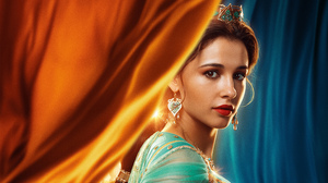 Actress Aladdin 2019 British Brown Eyes Brunette Earrings Lipstick Naomi Scott Princess Jasmine 5120x2880 wallpaper