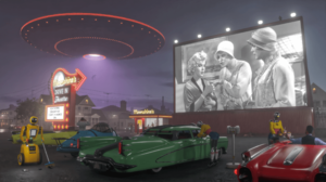 Artwork City Car Robot Flying Saucers Drive In Theater Night Some Like It Hot UFO Movies Marilyn Mon 2400x1350 wallpaper