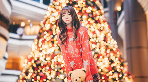 Asian Women Model Brunette Christmas Holiday Plush Toy Teddy Bears Christmas Tree 1363x2048 Wallpaper
