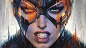 Catwoman Mask DC Comics Teeth Villains Looking At Viewer Signature Closeup Face Eyes Lips Simple Bac 3840x2400 Wallpaper
