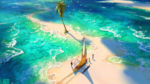 Victor Sales Digital Art Fantasy Art Water ArtStation High Angle Palm Trees Beach Birds Sea Sailing  1920x1164 Wallpaper
