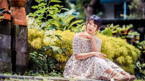 Asian Model Women Long Hair Brunette Depth Of Field Flower Dress Barefoot Sandal Sitting Bushes Plan 3840x2559 Wallpaper