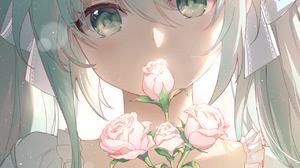 Rose Green Eyes Twintails Anime Girls Artwork Vocaloid Hatsune Miku Pink Roses Hairpin Long Hair Blu 1281x1923 Wallpaper