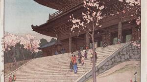 Painting Yoshida Hiroshi Japan Japanese Temple Cherry Blossom Stairs Artwork Temple People Signature 1600x1100 Wallpaper