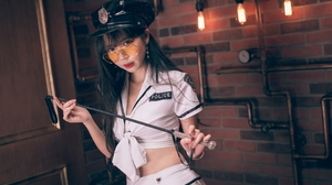 Serene Liu Women Model Cosplay Police Women Brunette Bangs Berets Women With Glasses Uniform Looking 3840x2560 Wallpaper