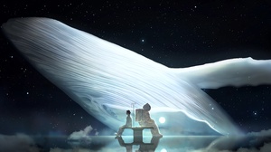 Anime Whale Digital Art Spacesuit Sick Boy Night Sky Stars Astronaut Sky Space Reflection Sitting An 5000x2436 wallpaper