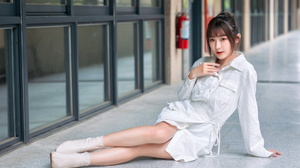 Asian Model Women Long Hair Dark Hair Depth Of Field Ankle Boots Sitting Window White Dress Ponytail 1920x1280 Wallpaper