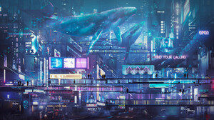 Donglu Yu Artwork Cyberpunk Futuristic Futuristic City Architecture Hologram Whale Footbridge Neon S 2500x1538 Wallpaper