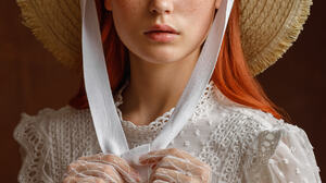 Sergey Sergeev Women Hat Redhead Dress Gloves Brown Eyes Freckles Portrait Simple Background Looking 1080x1620 Wallpaper