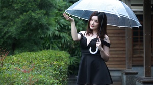 Asian Model Women Long Hair Dark Hair Depth Of Field Umbrella Bushes Black Dress Trees Building 3840x2560 Wallpaper