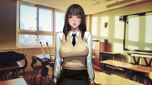 Original Characters Asian Brunette Classroom JK School Uniform 2D Artwork Drawing 4000x2571 Wallpaper
