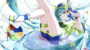 Anime Anime Girls Vocaloid Hatsune Miku Blue Hair Blue Eyes Twintails Beach Ball Floater Water Water 3780x2345 Wallpaper