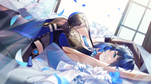 Anime Anime Girls Yelan Genshin Impact Genshin Impact Blue Hair Blue Eyes Lying On Back 2424x1500 Wallpaper