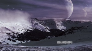 Snow Snow Covered Mountains Snowy Peak Mountain View Planet UFO Aliens Purple Background Flying Moon 4896x2754 Wallpaper
