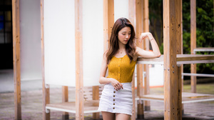 Asian Model Women Dark Hair Long Hair Depth Of Field Leaning Shirt Bracelets 3840x2559 Wallpaper