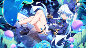 Anime Anime Girls Focalors Genshin Impact Genshin Impact Hat Heterochromia Blue Eyes Blue Hair Legs  1754x1240 Wallpaper