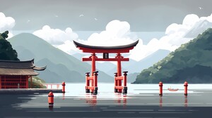 Ai Art Illustration Japan Lake Torii Water Mountains Clouds Reflection 4579x2616 Wallpaper