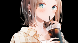 Anime Anime Girls Brunette Blue Eyes Short Hair Blush Drink Vertical Black Background Simple Backgro 1440x2560 Wallpaper