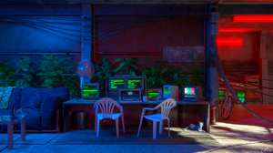 3D CGi Digital Art Blender Shaders Oil Painting Hacking 1980s Hong Kong Plants Neon Lights Basement  3840x2160 Wallpaper