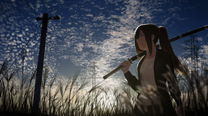 Anime Anime Girls Original Characters Sword Katana Brunette Ponytail Grass Clouds Power Lines Women  2560x1440 wallpaper