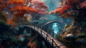 Forest Digital Art Bridge Fantasy Art Trees Waterfall Water Petals 1456x816 Wallpaper