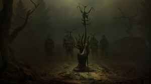 Digital Horror Witch Mist Skull Forest Trees Mask Gas Masks 1920x1123 Wallpaper