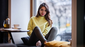 Model Red Lipstick Women Yellow Sweater Jeans Sitting By The Window Socks 2560x1707 wallpaper