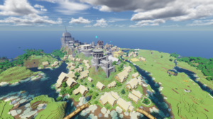 Minecraft Building Video Games CGi Clouds Village Castle Flag Water Sky 1920x1080 Wallpaper