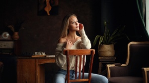 Dmitry Arhar Women Model Blonde Women Indoors Chair Sitting Jeans Sweater Couch Chess Desk Plants Hi 1920x1280 Wallpaper