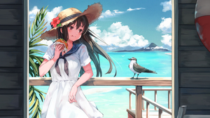 Anime Girls White Dress Dress Looking At The Side Sun Hats Brown Eyes Dark Hair Straw Hat Eating Ani 2800x2785 Wallpaper
