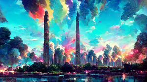 Ai Clouds Vaporwave Tower Forest Pastel Water Colorful Cyan 2048x1152 Wallpaper