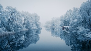 Nature Winter Water Reflection Trees Snow Cold Outdoors River 3840x2160 wallpaper