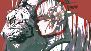 Nico Tina Minimalism Anime Girls Cigarettes Smoking Flower In Hair Two Tone Hair Tiger Red Eyes Anim 3688x2510 wallpaper
