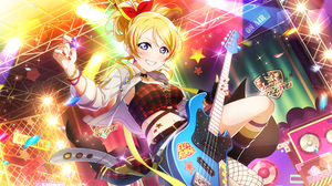Ayase Eli Love Live Anime Anime Girls Guitar Musical Instrument Blonde Blue Eyes Blushing Red Bow Ha 3670x1836 Wallpaper