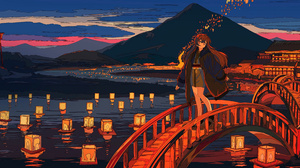 Cogecha Anime Anime Girls Water Lantern Long Hair Mountains Bridge Clouds Looking At Viewer Smiling  4096x1952 Wallpaper