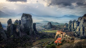 Mountains Sky House Rocks Grass Mist Meteora Greece Monastery Landscape 2560x1709 Wallpaper