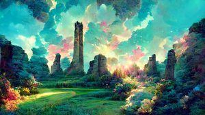 Ai Clouds Vaporwave Tower Nature Trees Field Pastel Greenery 2048x1152 Wallpaper