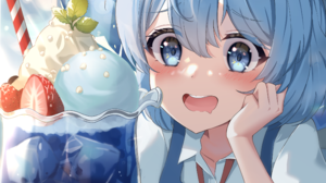 Touhou Open Mouth Anime Girls Portrait Display Cirno School Uniform Blue Dress Blue Eyes Blue Ribbon 2273x3339 Wallpaper