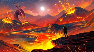 Digital Art Artwork Illustration Landscape Fantasy Art Lava Night Moon Vulcan Creature Mountains 3840x2160 Wallpaper